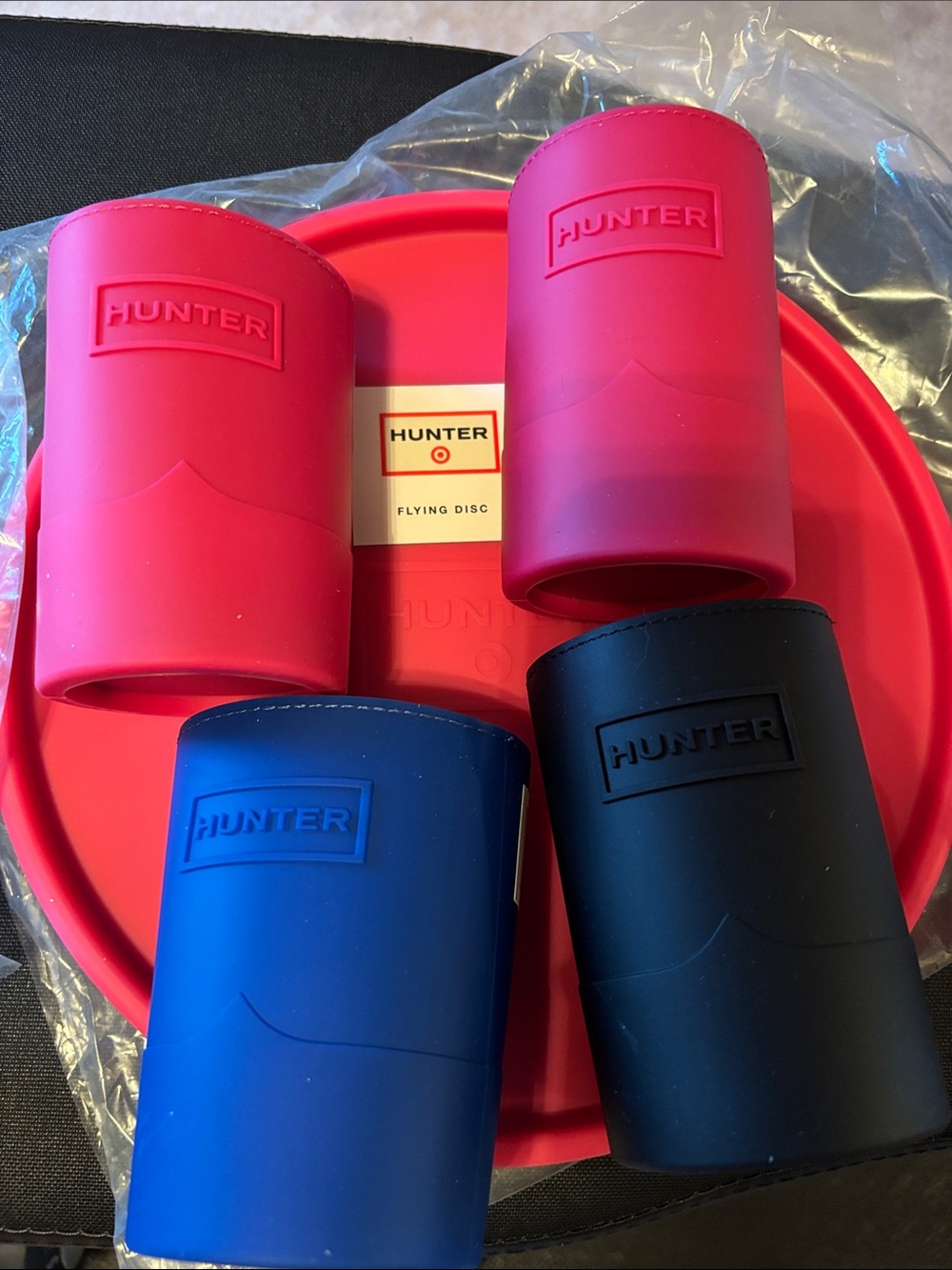 Hunter Flying Disk & 4 Silicone Can Koozies in Pink, Blue & Black Set NWT Target